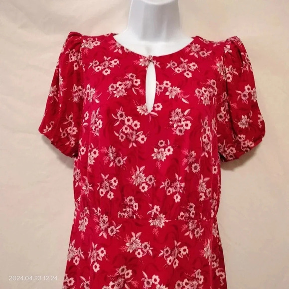 LOFT SZ 2p Red Floral Pattern Mini Fit and Flare Dress - Picture 3 of 10
